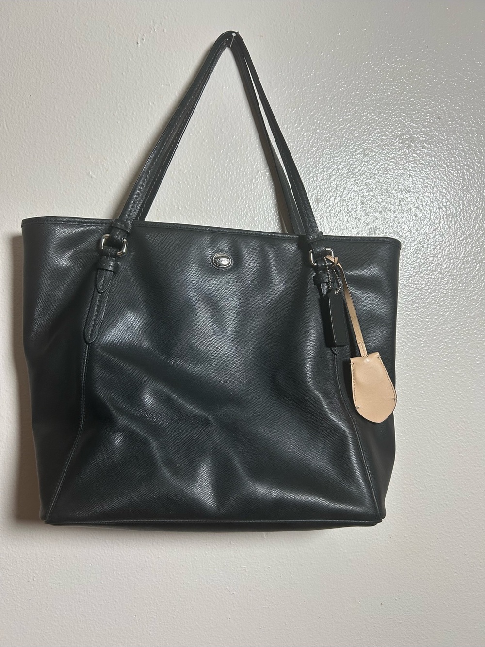 Coach Black Leather Tote with Beige Tag